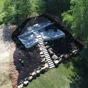 an aerial view of a garden