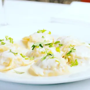 Short rib ravioli, Gorgonzola cream sauce
