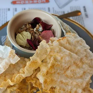 Summer vegetable and artichoke dip with crispy rice