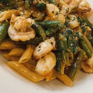 Shrimp penne asparagus in our homemade pink vodka sauce