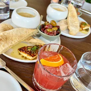 Sunday Supper: Greece  Hummus, pita, marinated olives, grilled halloumi
