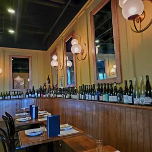 a row of wine bottles lined up on the wall