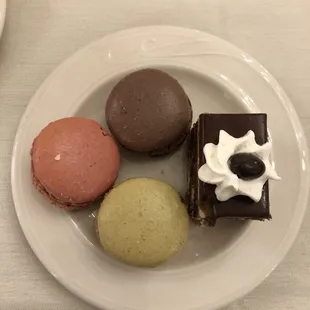 Macaroons and opera cake for dessert