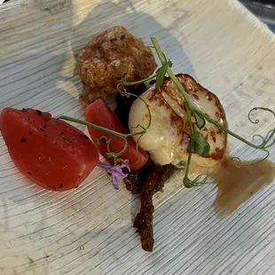 Roy&apos;s Ko Olina, Roy Yamaguchi &amp; Darryl Shinogi&apos;s Seared Bristol Bay Scallops, Aji Shiitake Mushrooms, Pickled Kahumana Farms Medley