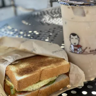 Hamburger patty toast with old fashion black tea with soy milk
