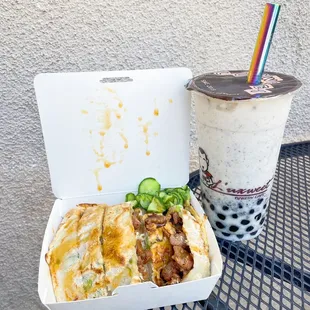 Kimchi bbq pork pancake, black sesame soy milk with boba