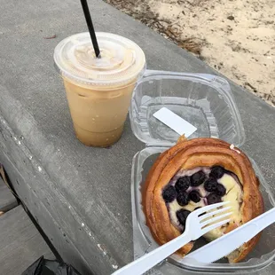 Blueberry cream cheese danish and a iced caramel latte made with coconut milk.