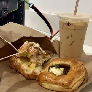 Ollie coffee, almond croissant, goat cheese and bacon