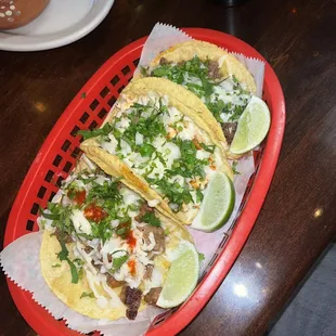 One steak one chicken one ground beef taco