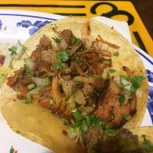 This is suppose to be their taco al pastor. You can obviously see the carnitas. It was hidden under the marinated chicken. Gross