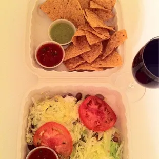 Two veggie tacos with stone ground tortilla chips(merlot sold separately:)))