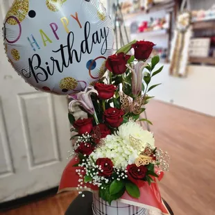 happy birthday red roses baby breathes, greenery, round 8' box  astromerias, mylar balloon. 95.99 similar  style