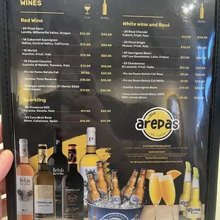 a menu for wine and spirits