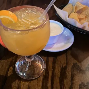 Peach Margarita w/ chips and queso