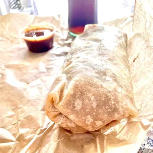 The La Aztecs burrito with asada in all its glory with a Mexican coke and also their seriously tasty salsa.