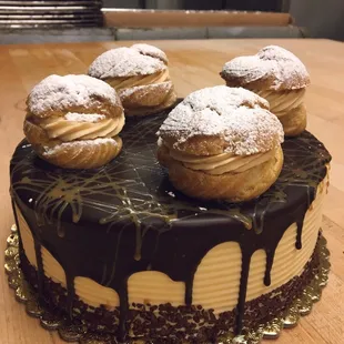 Caramel custard cake with caramel cream puffs.
