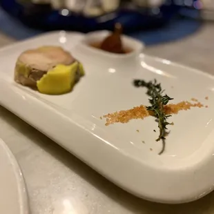 House Duck Foie Gras/with fresh thyme, pink sea salt, caramelized fig compote &amp; toast points. Excellent. My fave dish here. Get it. :)...