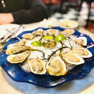 Canadian Oysters with a vinaigrette sauce, cilantro horseradish sauce, fresh lime &amp; Champagne. Excellent. :)...