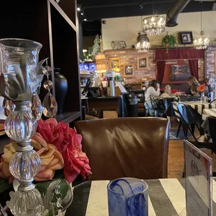 Looking at the front counter from the corner booth table