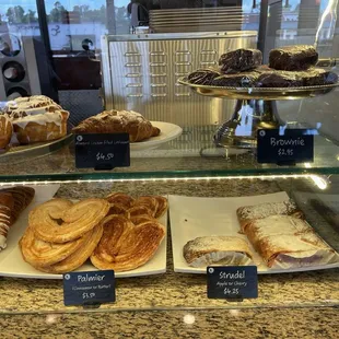 Palmier, Apple and Cherry Strudel, brownies and cinnamon rolls.