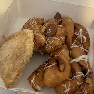 Bear claws, Cinnamon twists, Apple turnover