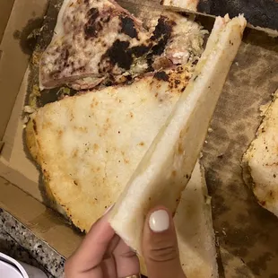 a hand holding a piece of pizza