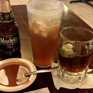 Salsa is thin but very tasty! Negro Modelo and iced tea.