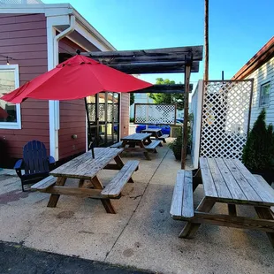 Outdoor seating at the back of the building.