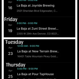 Hello everyone, here is our schedule for the next two weeks  Find the way to get your taco fix.