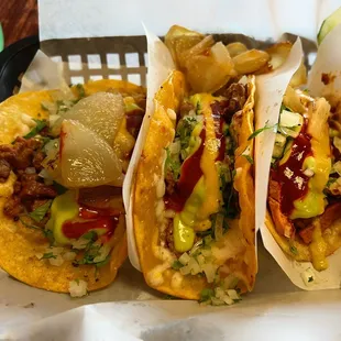 (Left-Right) Bamba Al Pastor, Bamba Asada, Regular Al Pastor