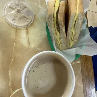 breakfast sandwich and cafe con leche