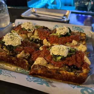 La Pizza Verde (plus Ricotta whip and grilled chicken) with red sauce