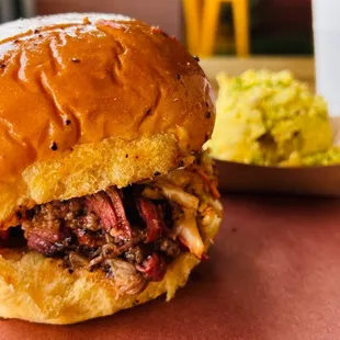 La Chopped Sandwich - half and half pork/beef - wow!! Add the sauces for mouth watering goodness that will just say AUSTIN!!!