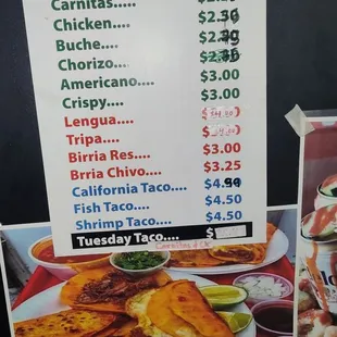 a menu for tacos reg price