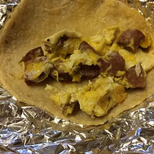 Country sausage and egg ona corn tortilla