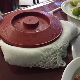 Tortilla warmer - served with pretty linens.