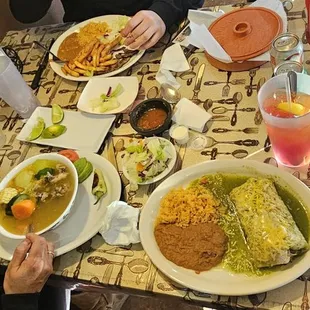 Carne Asada plate, chile verde burrito and caldo de res