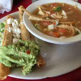 Tortilla soup/chicken flauta appetizer ( back page of menu)