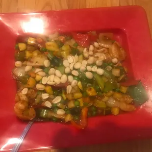 Kung Pao Shrimp A silky sauce accompanies deliciously fresh veggies, you will be so pleased! Generous servings, worth every penny!