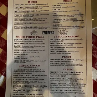 the menu of the restaurant