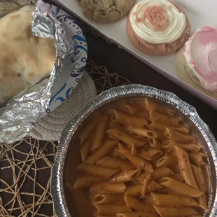 Penne Vodka, Meat Stromboli (cookies are from crumbl not related to the restaurant )