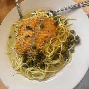 Salmon piccata done rare