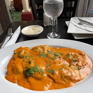 Steak and lobster raviolis in a vodka sauce yummy