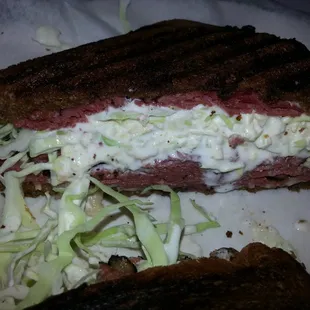 Pastrami on pumpernikle with horseradish slaw.....this is great