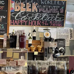 a display of drinks and pastries