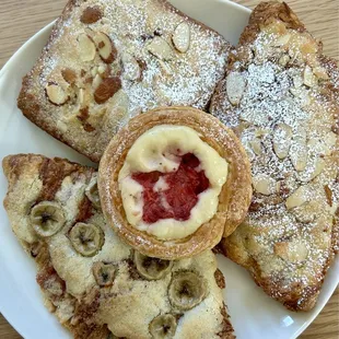 Almond croissant, choco banana croissant, almond chocolate croissant, and vanilla strawberry nest