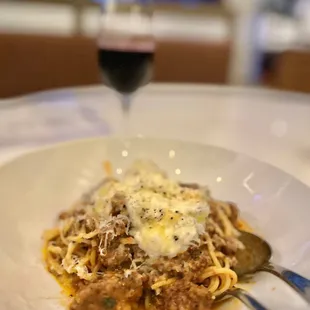 Spaghetti al Ragu di Manzo   Wagyu Beef Bolognese Topped with Burrata cheese &amp; Parmigiano  32