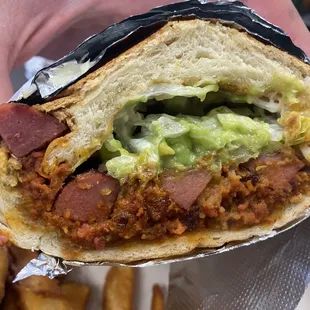 Mexican torta has hotdogs for meat...