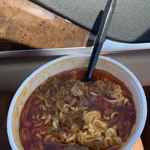 THEEEEEEEEEE ramen (dry!) topped with scalding hot beef consommé and alas you have Birria ramen!