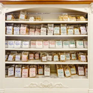 One of our display shelves for all your Biscotti needs, organized by flavor and size.